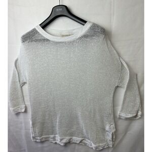 Soft Surroundings Women Ivory White Crochet 3/4 Sleeve Linen Blend Sweater Large